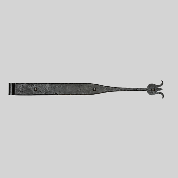 Shown as right hand with a dark wax iron finish.